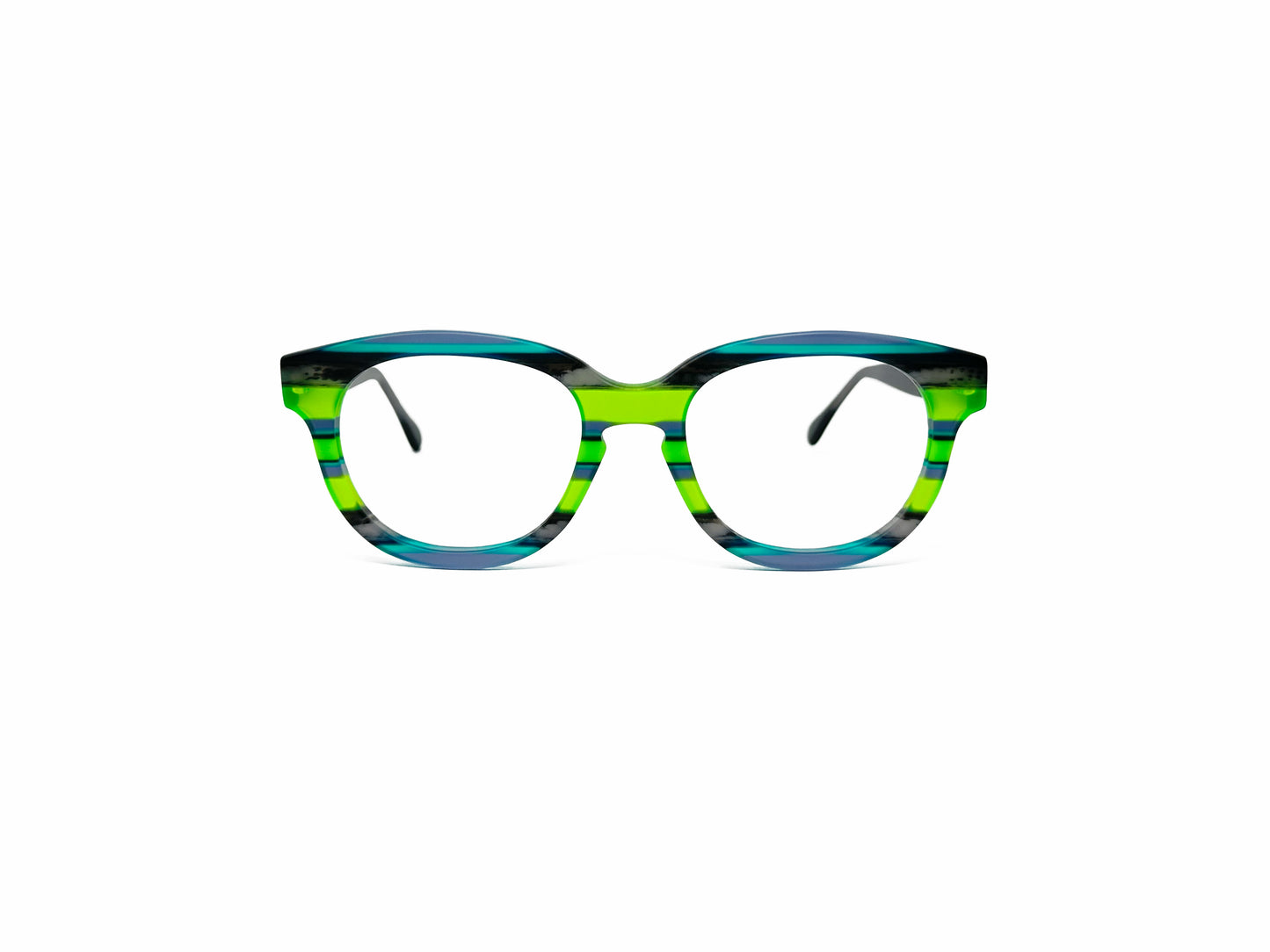 VIktlos rounded-square, acetate, optical frame. Model: 3229. Color: 1738S - Neon green and teal stripes. Front view.