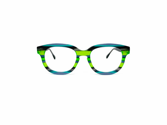 VIktlos rounded-square, acetate, optical frame. Model: 3229. Color: 1738S - Neon green and teal stripes. Front view. 