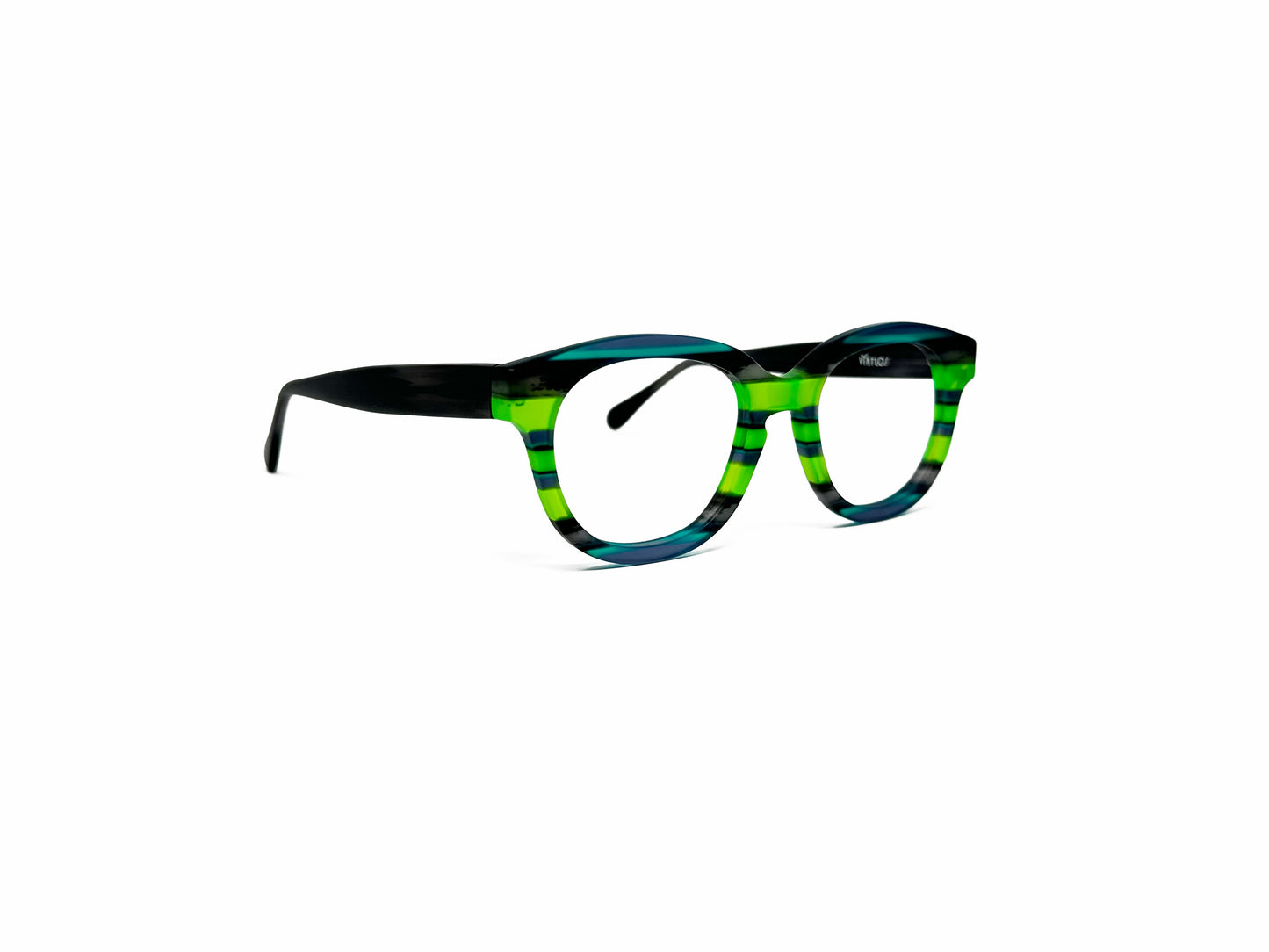 VIktlos rounded-square, acetate, optical frame. Model: 3229. Color: 1738S - Neon green and teal stripes. Side view.