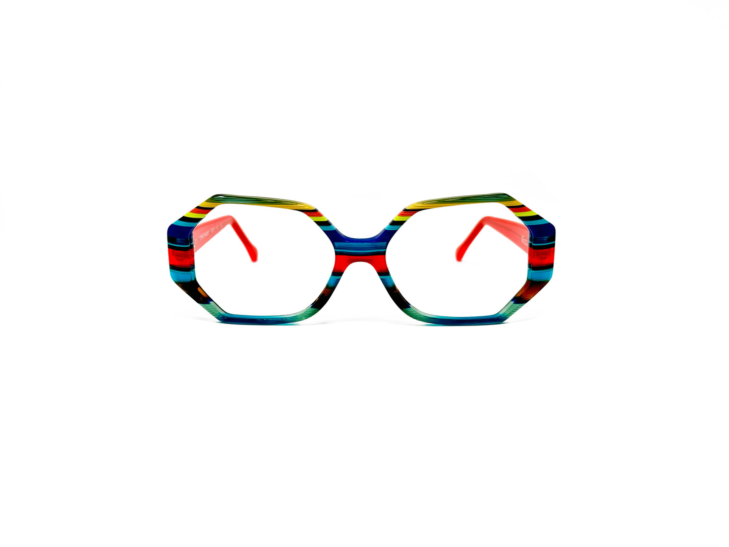 Viktlos rectangular heptagon shaped acetate optical frame. Model: 3318. Color: 1759RE87 - Multi-colored blue, red, green, and yellow stripes. Front view.