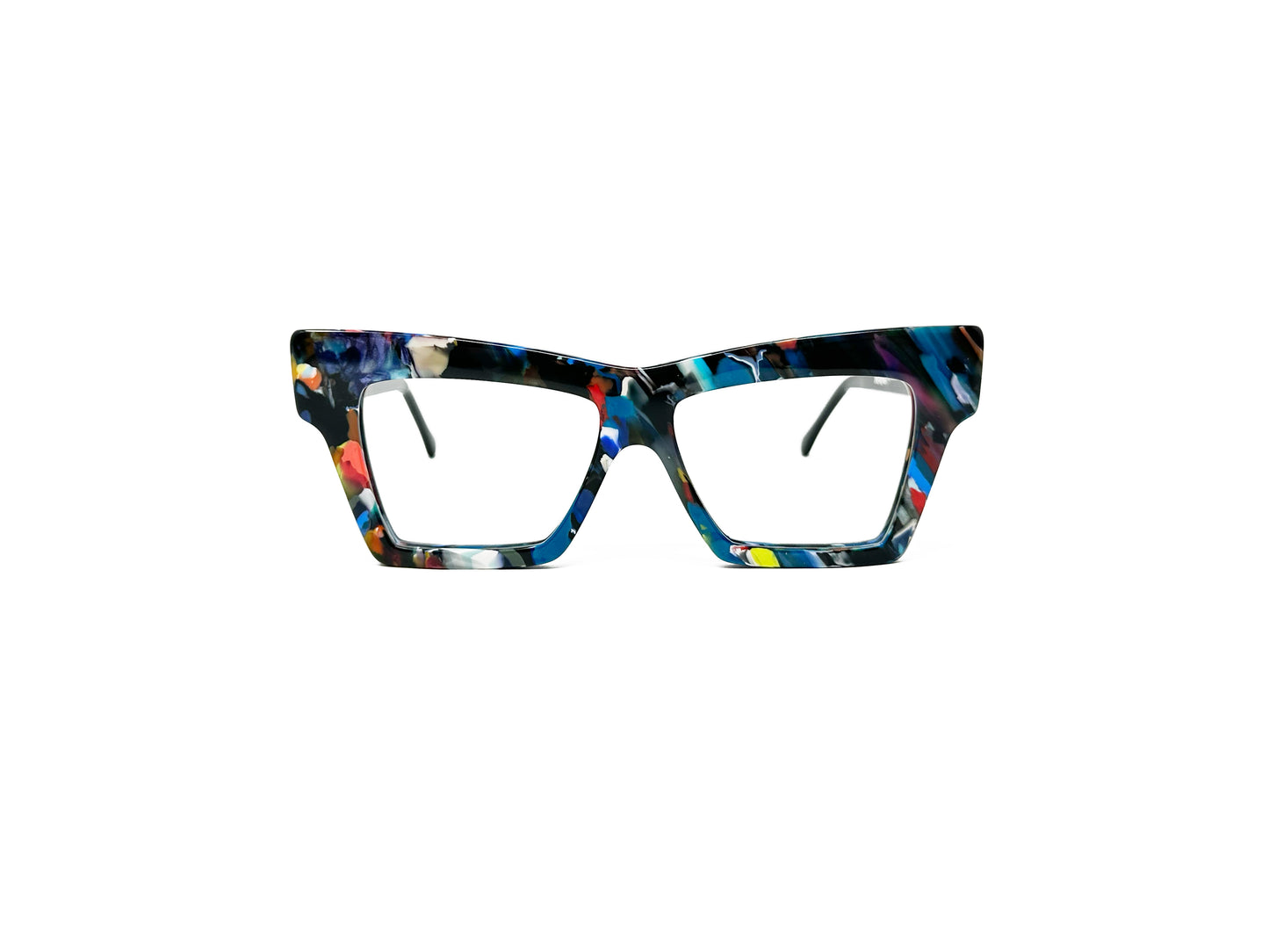 Viktlos recycled acetate optical frame. Upward angled rectangular frame. Model: RC007. Color: 02592, Multi-colored blue marble pattern. Front view.