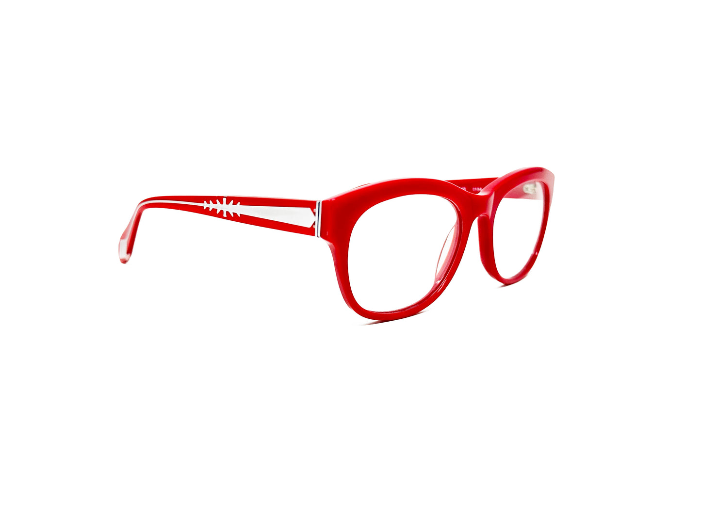 Viktlos curved wayfarer style optical frame. Model: Spirit. Color: C104 - red. Side view.