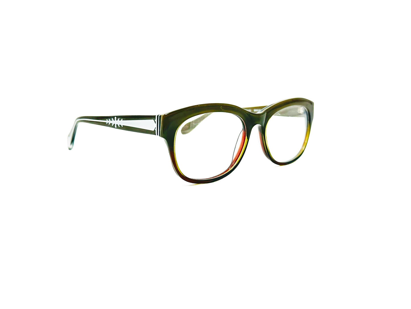 Viktlos curved wayfarer style optical frame. Model: Spirit. Color: C105 - Olive Green to Brown gradient. Side view.