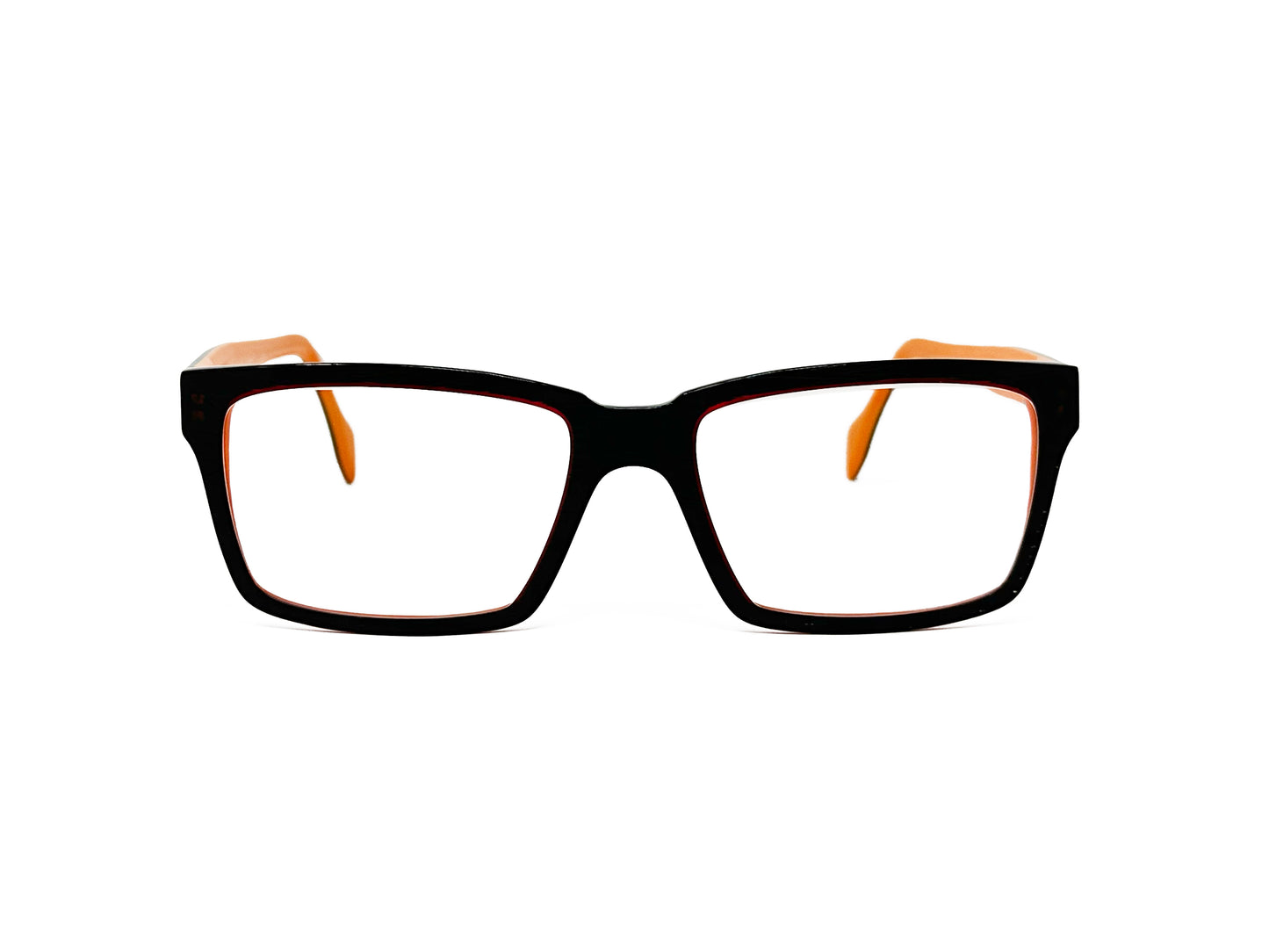 Viktlos thin, rectangular, acetate optical frame. Model: Thin24. Color: 2946RE28S - Black with orange lining on inside. Front view.