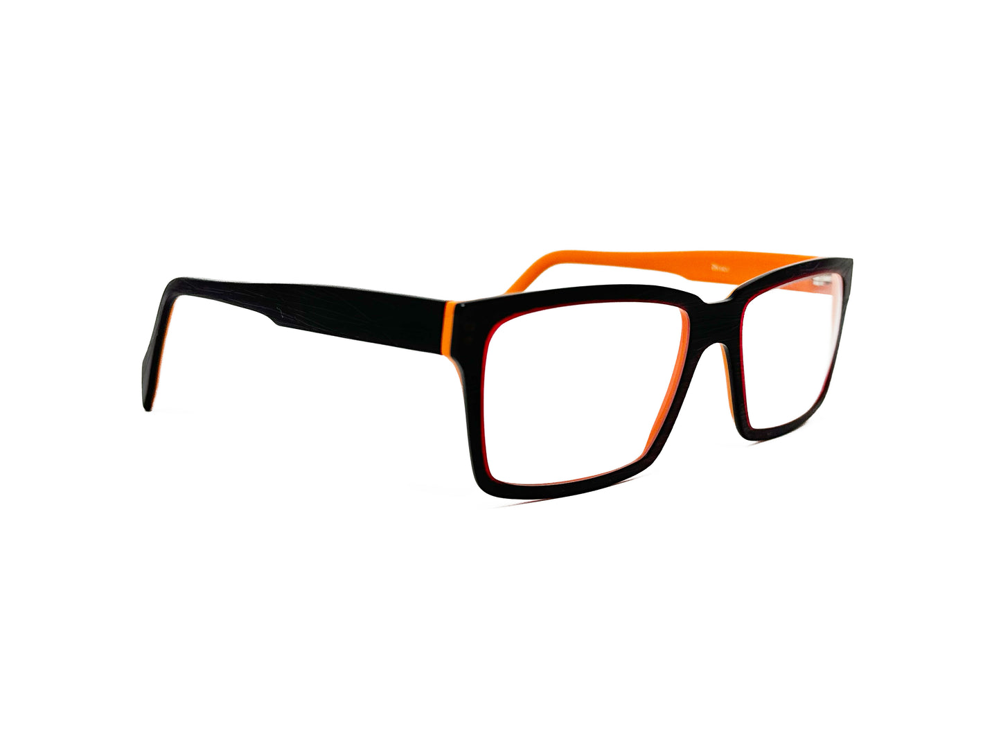 Viktlos thin, rectangular, acetate optical frame. Model: Thin24. Color: 2946RE28S - Black with orange lining on inside. Side view.