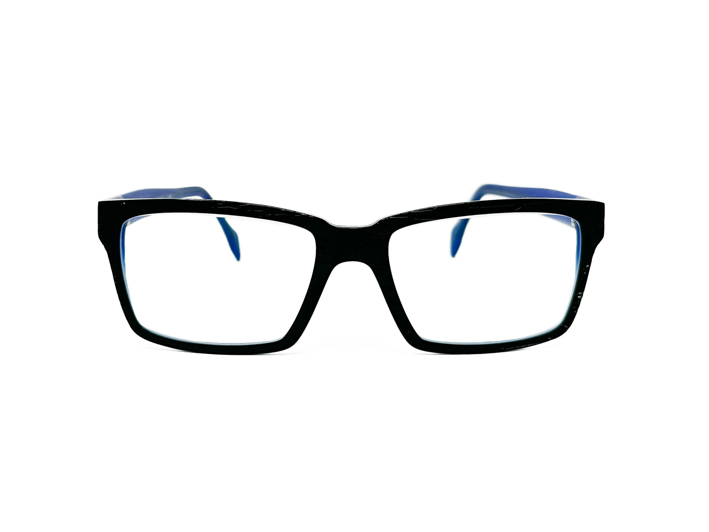 Viktlos thin, rectangular, acetate optical frame. Model: Thin24. Color: SBRE32S - Black with blue inside. Front view.