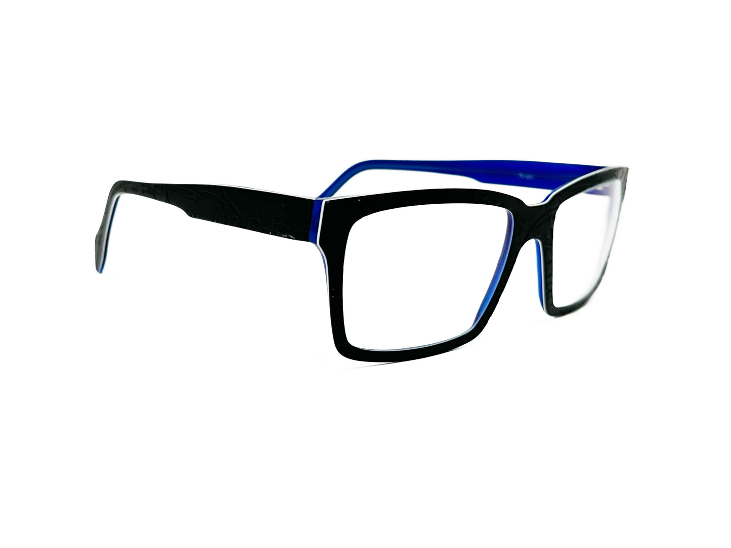 Viktlos thin, rectangular, acetate optical frame. Model: Thin24. Color: SBRE32S - Black with blue inside. Side view.