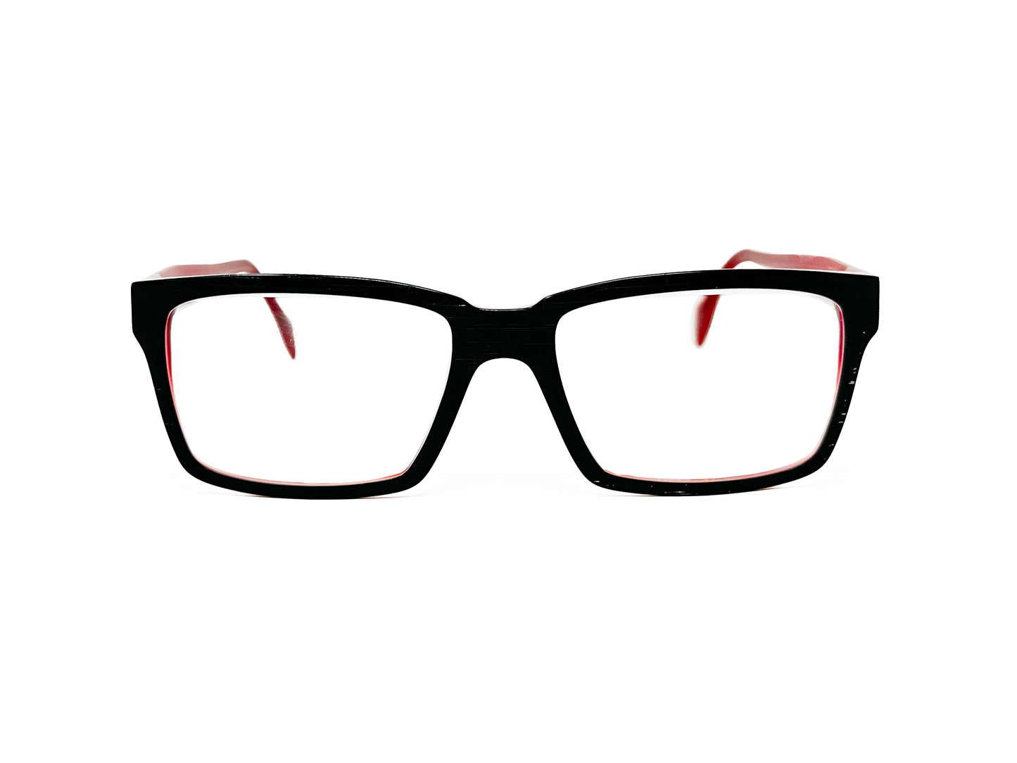 Viktlos thin, rectangular, acetate optical frame. Model: Thin24. Color: SRRE30S - Black with red lining on inside. Front view.
