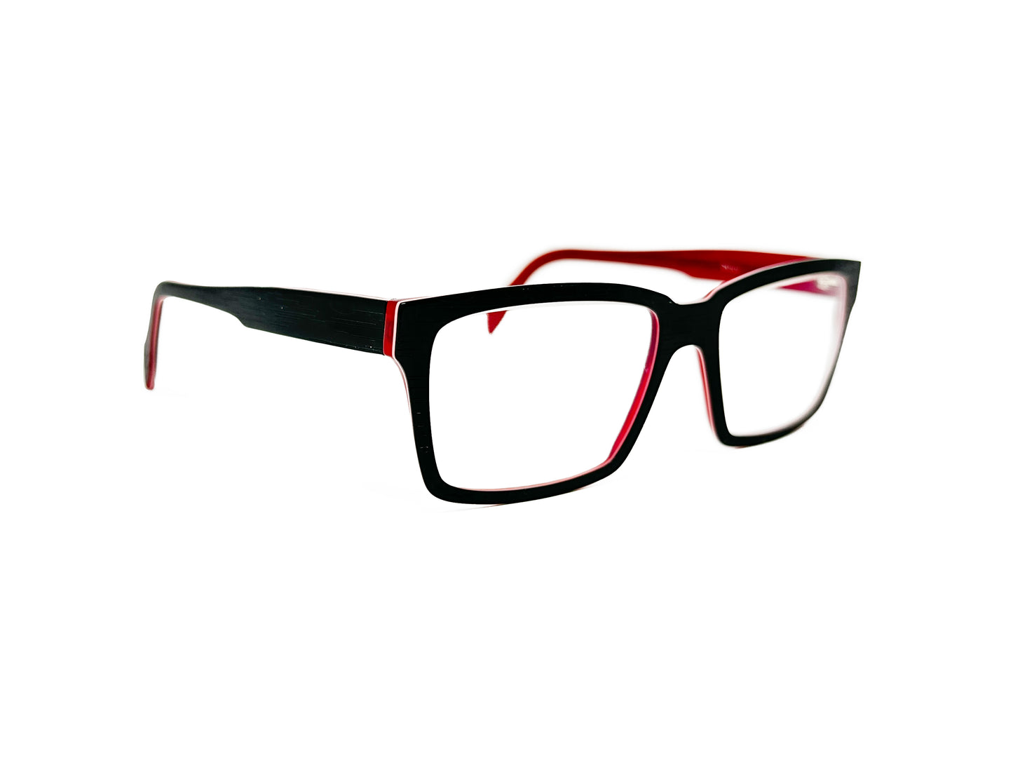 Viktlos thin, rectangular, acetate optical frame. Model: Thin24. Color: SRRE30S - Black with red lining on inside. Side view.