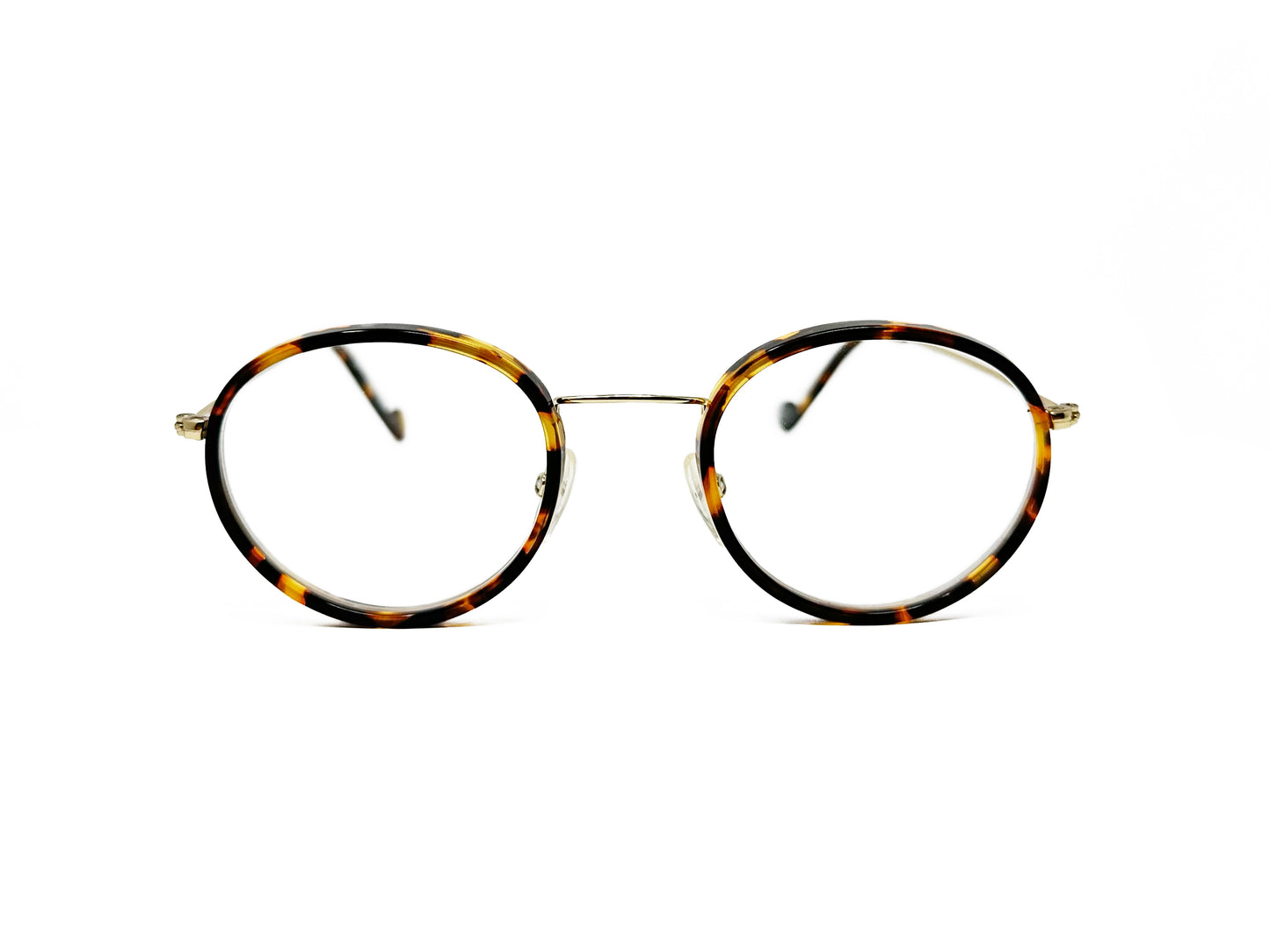 XIT pantos optical frame. Acetate lining on front with metal temples. Model: M151. Color: 133 - Tortoise with gold metal. Front view. 