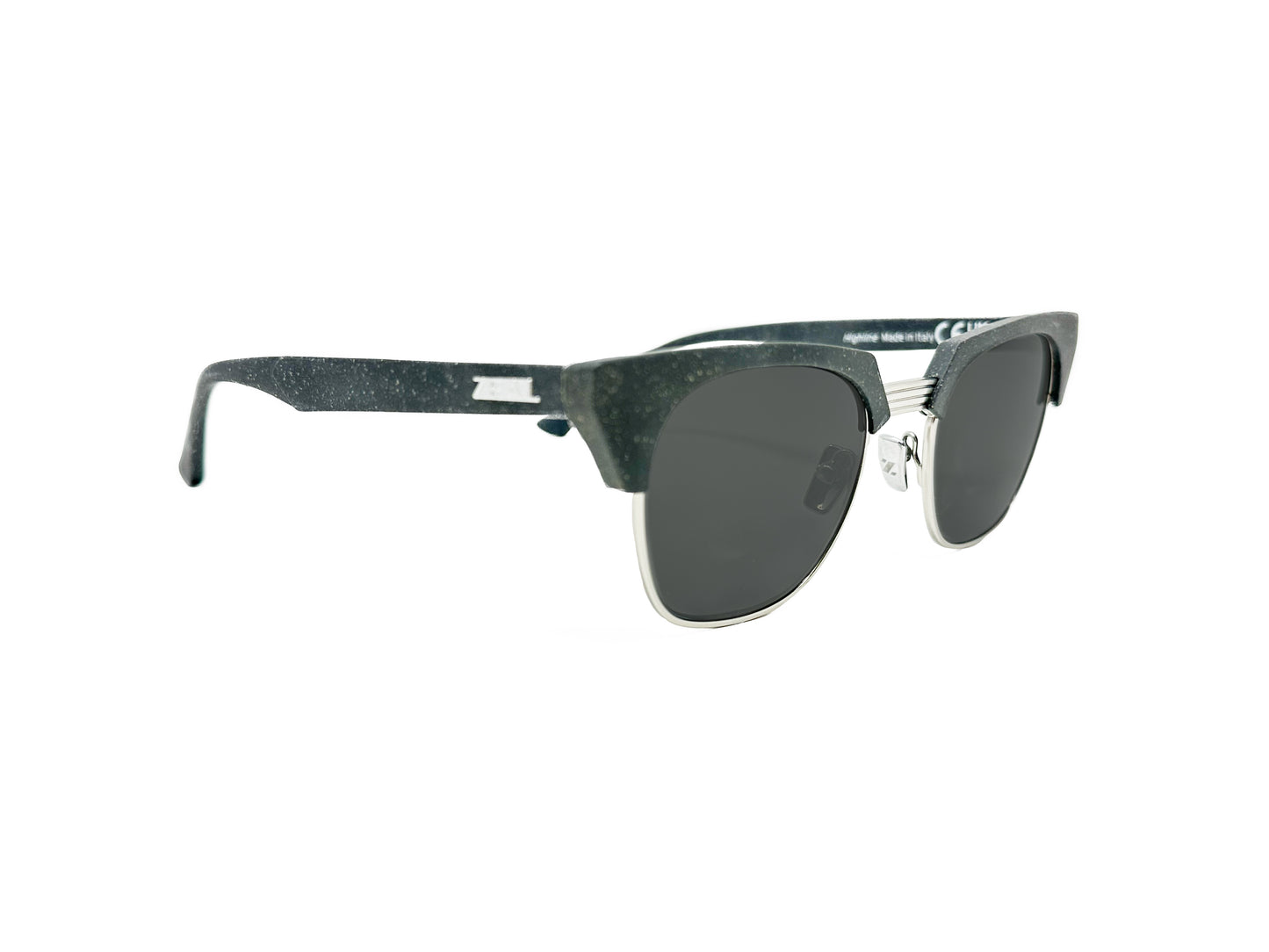 Zeal Optics angled-clubmaster, half-rim style sunglass. Model: Highline. COlor: 12734 - Navy Blue with white speckles and silver metal. Side view.