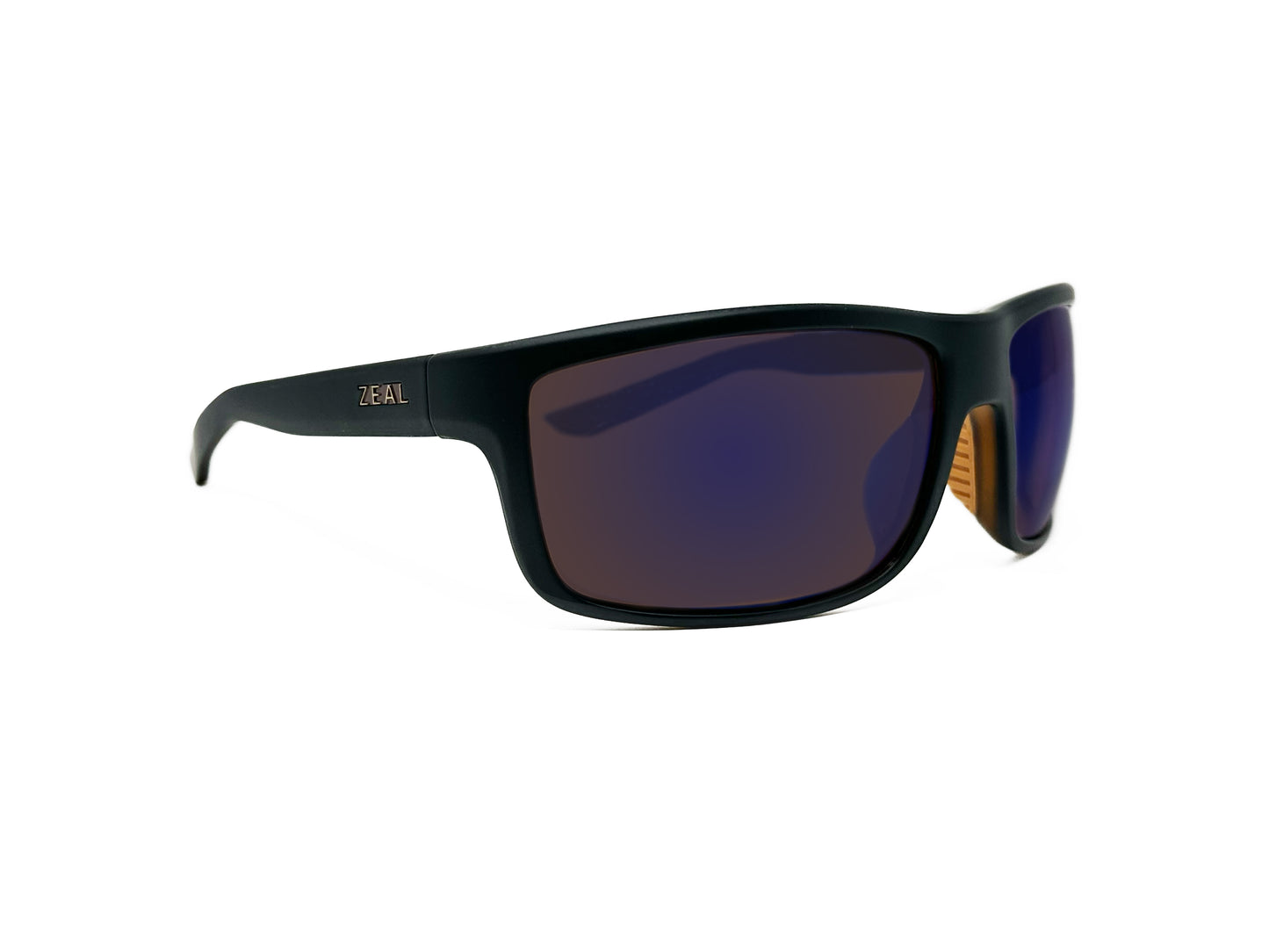 Zeal Optics square, wrap, polarized sunglass. Model: Red Cliff. Color: Black with brown lenses with a blue flash. Side view.
