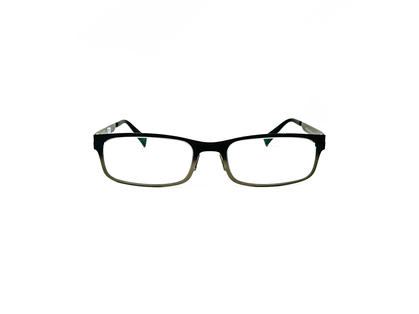 Zero G metal rectangular optical frame. Model: Montauk. Color: Matte Black to Matte Silver gradient. Front view.
