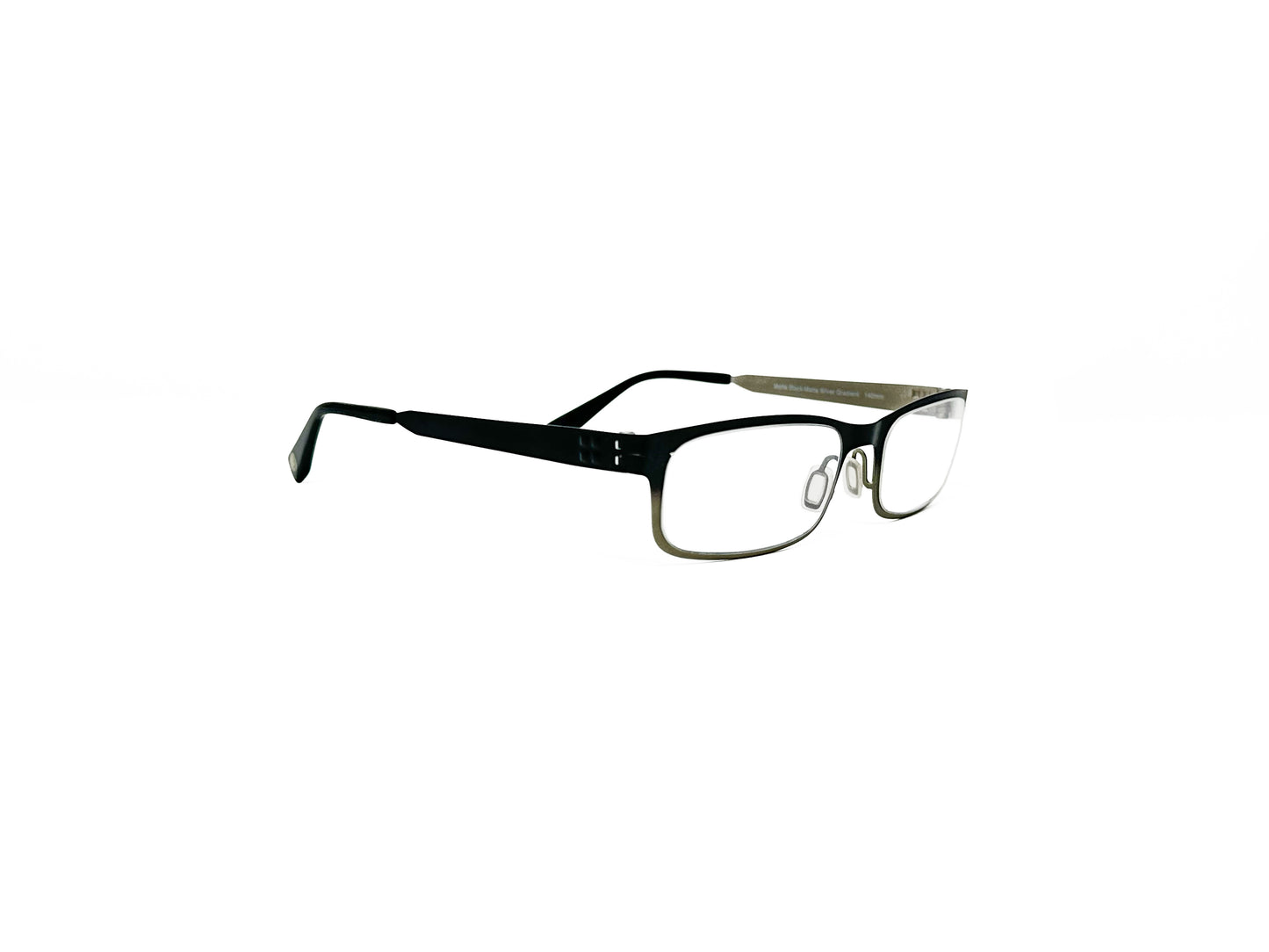 Zero G metal rectangular optical frame. Model: Montauk. Color: Matte Black to Matte Silver gradient. Side view.