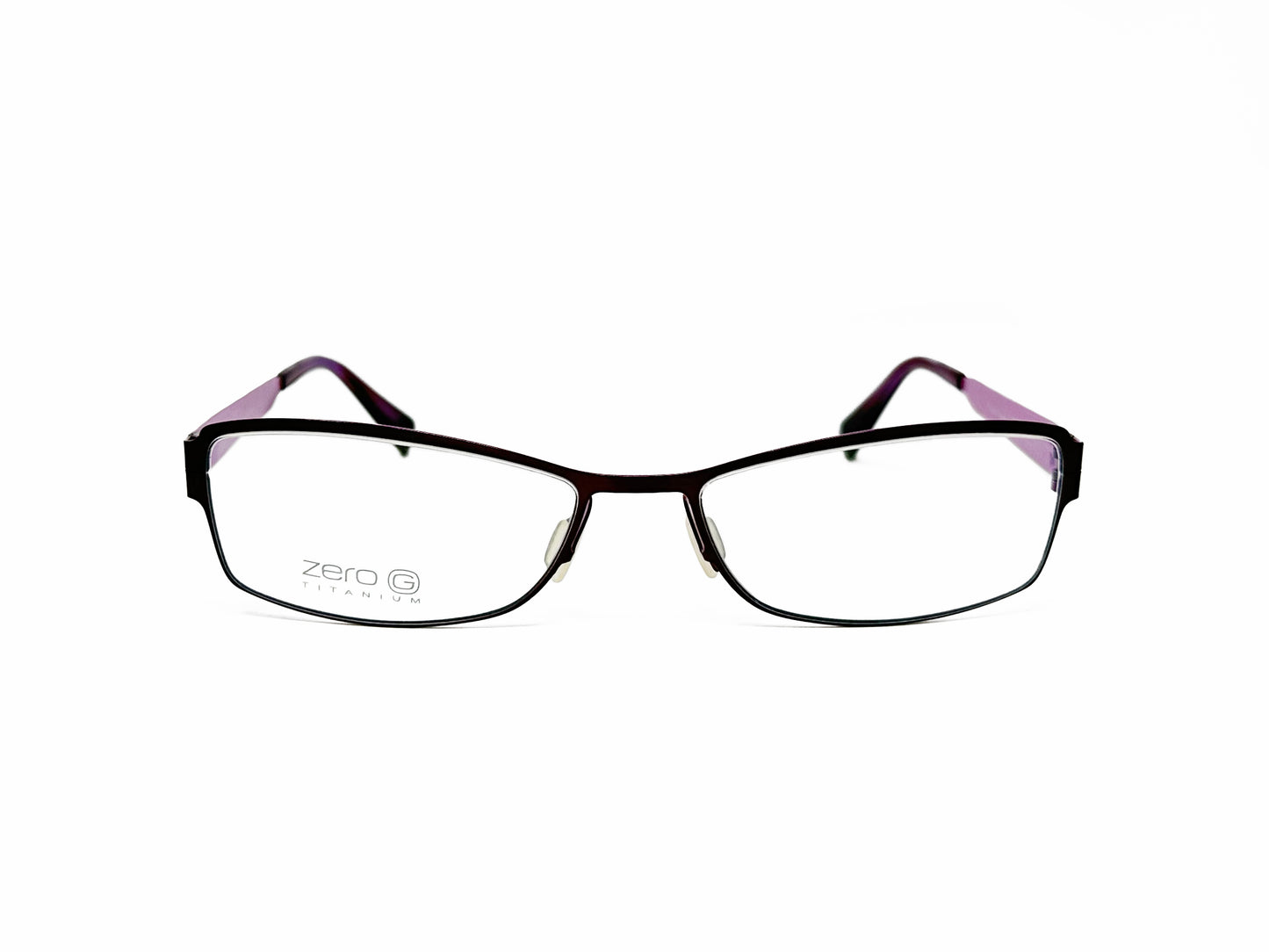 Zero G thin, curved, rectangular, titanium, optical frame. Model: Roslyn. Color: Purple/Violet. Front view.