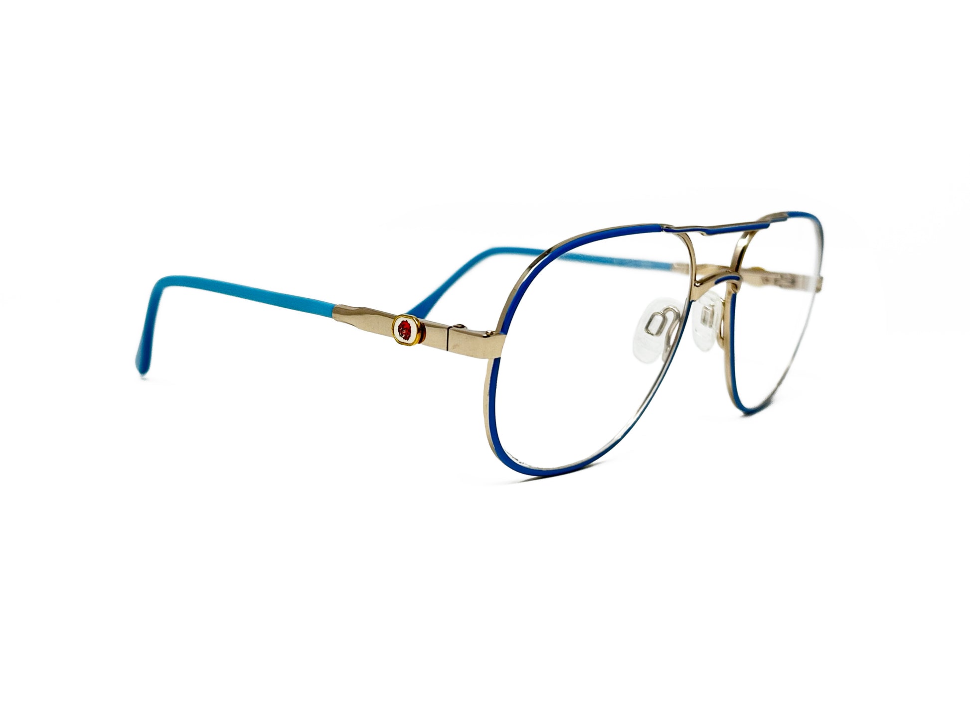Zollitsch rounded aviator style optical frame. Model: Margit. Color: Dieterle - Sea blue with golden accents on bridge and temple. Side view.