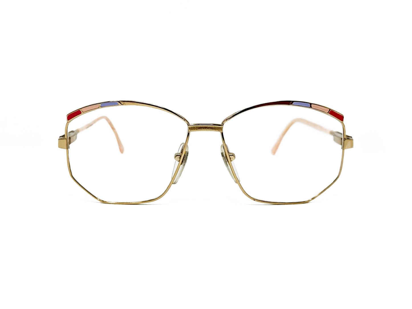 Zollitsch angled-butterfly, metal optical frame. Model: 527. Color: Gold - Gold metal with blue,pink, and red accents on top right corner of frame. Front view.