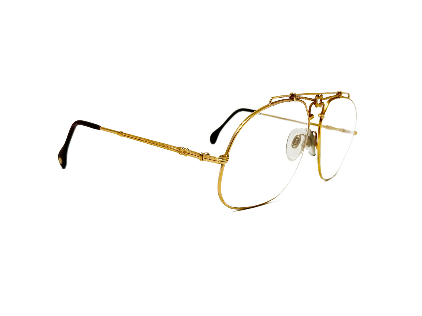 Zollitsch rounded, downward sloped aviator style, metal optical frame with nautical rope featured on bridge. Model: Jawl. Color: 901 - Gold. Side view.