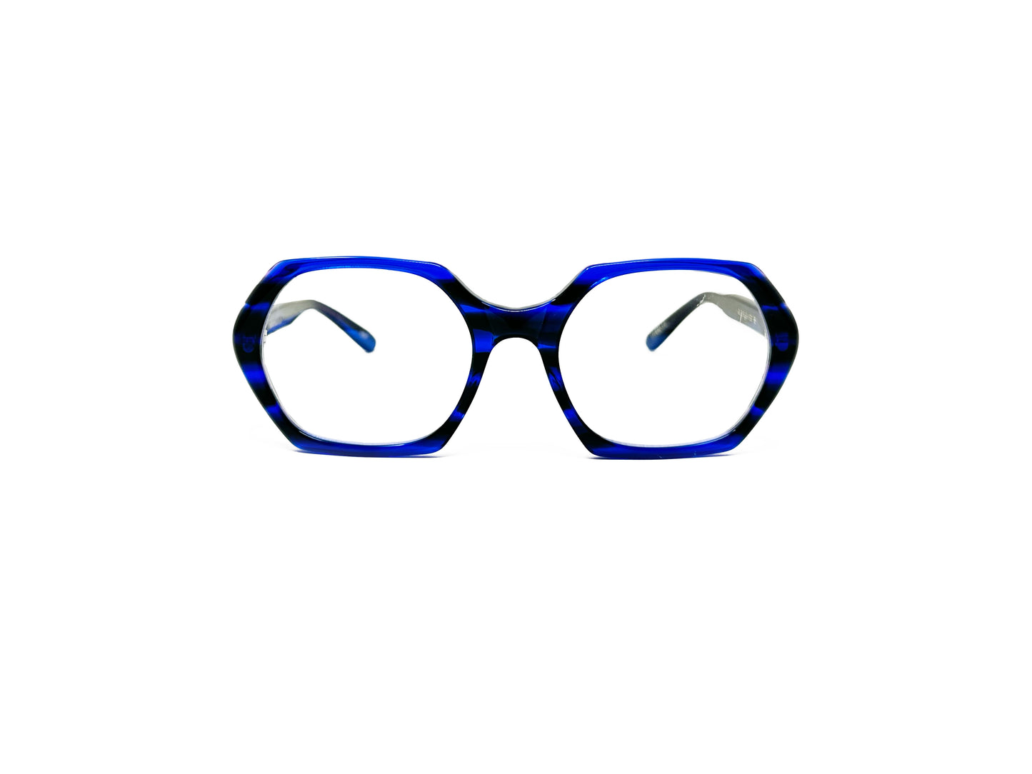 Kala Eyewear hexagonal acetate optical frame. Model: Studio54. Color: BSP blue stripe. Front view.  