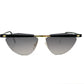Alibi curved, triangular, sunglass with flat-top bar across front. Model: 060. Color: 10, black and gold metal. Front view. 