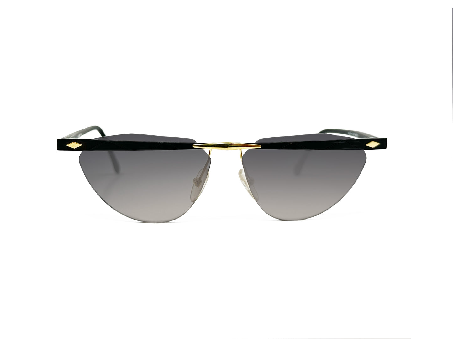 Alibi curved, triangular, sunglass with flat-top bar across front. Model: 060. Color: 10, black and gold metal. Front view. 