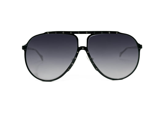 Alpina, large rounded aviator sunglass with silver screws adorning frame. Model: 2266231. Color: Black with silver screws. Front view.