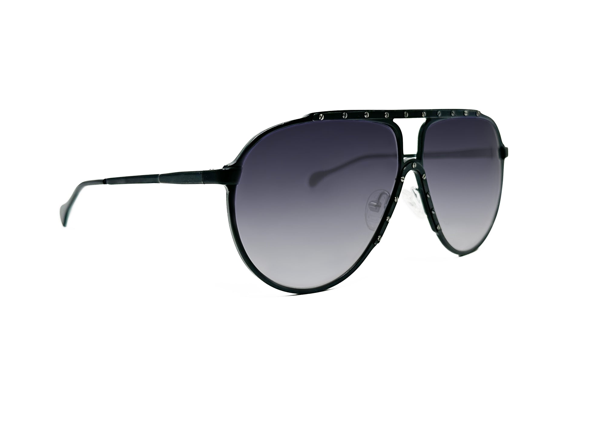 Alpina, large rounded aviator sunglass with silver screws adorning frame. Model: 2266231. Color: Black with silver screws. Side view.