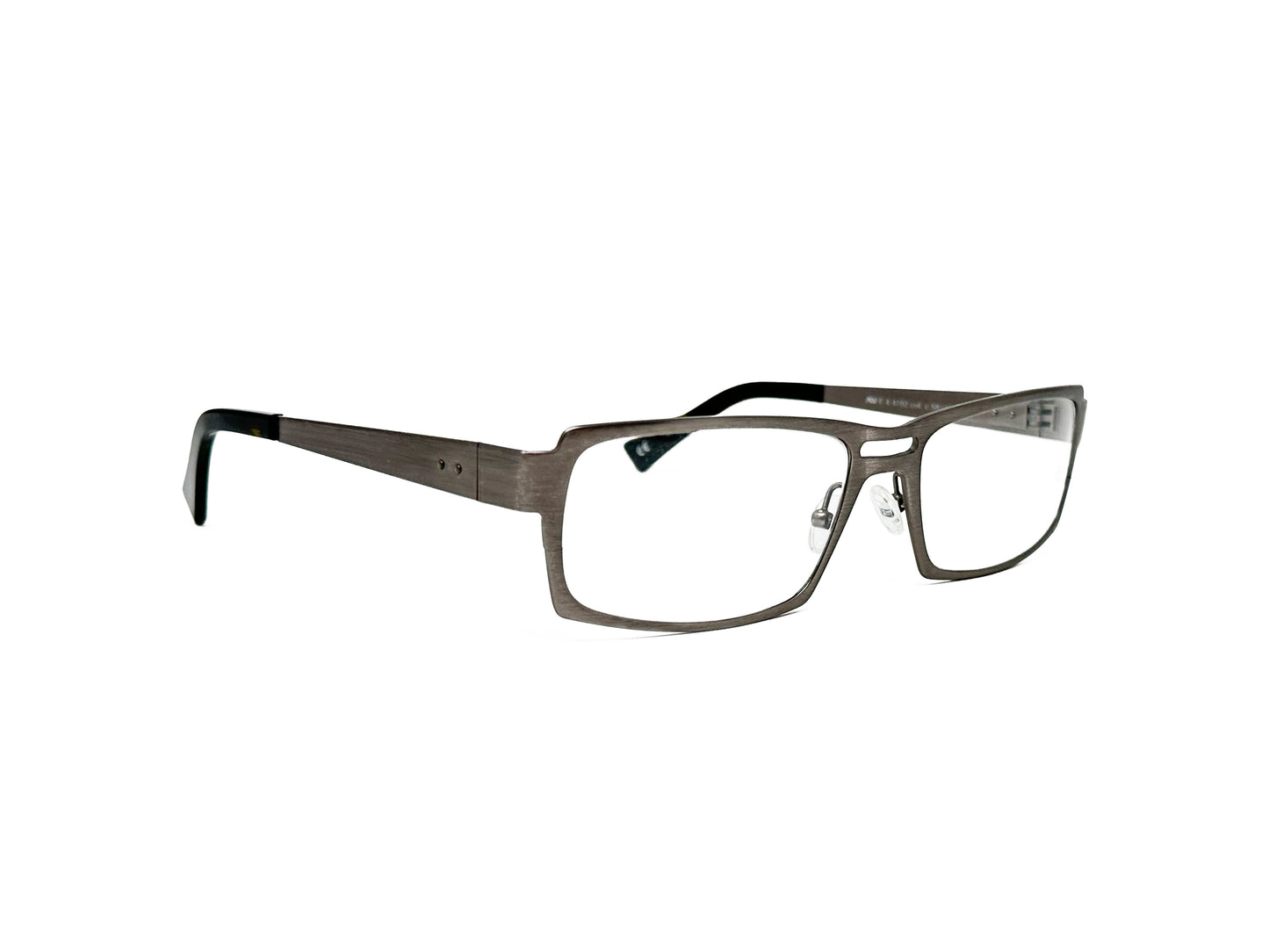 Andy Wolfe rectangular metal optical frame with rounded-rectangular cut out above bridge. Model: 4702. Color: C - Dark silver. Side view.