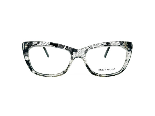 Andy Wolfe acetate, rectangular, cat-eye optical frame. Model: 5017. Color: A - Clear with black snake skin pattern. Front view. 