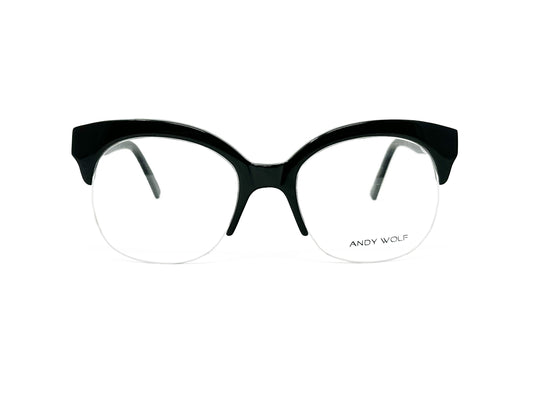 Andy Wolfe uplifted, rounded, half-rim, acetate optical frame. Model: 5019. Color: A - Black. Front view. 