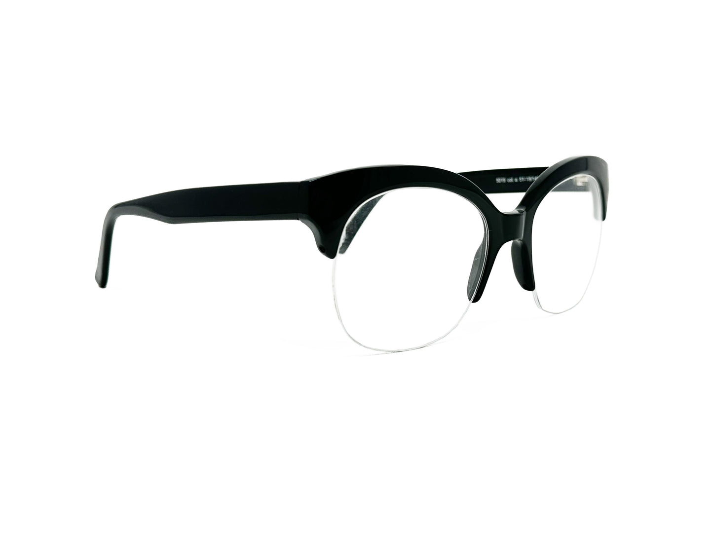 Andy Wolfe uplifted, rounded, half-rim, acetate optical frame. Model: 5019. Color: A - Black. Side view.