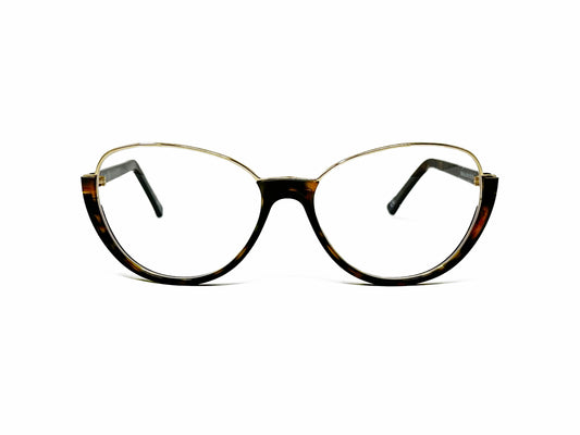 Andy Wolfe half-rim, cat-eye optical frame with metal rim on top. Model: 5042. Color: B - Tortoise and gold metal. Front view. 