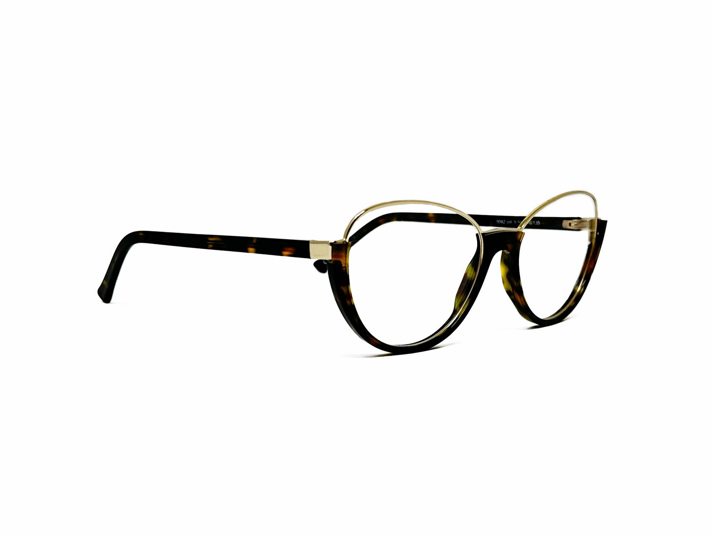 Andy Wolfe half-rim, cat-eye optical frame with metal rim on top. Model: 5042. Color: B - Tortoise and gold metal. Side view.