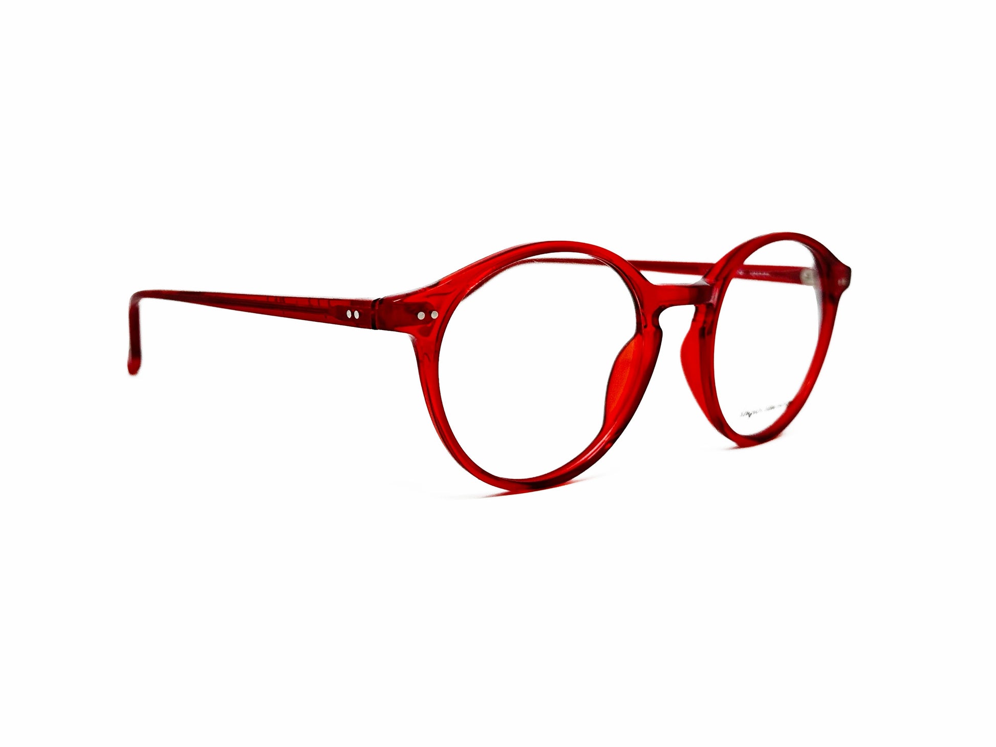 Anglo American Optical round acetate frame. Model: 406. Color: OP9 red. Side view.