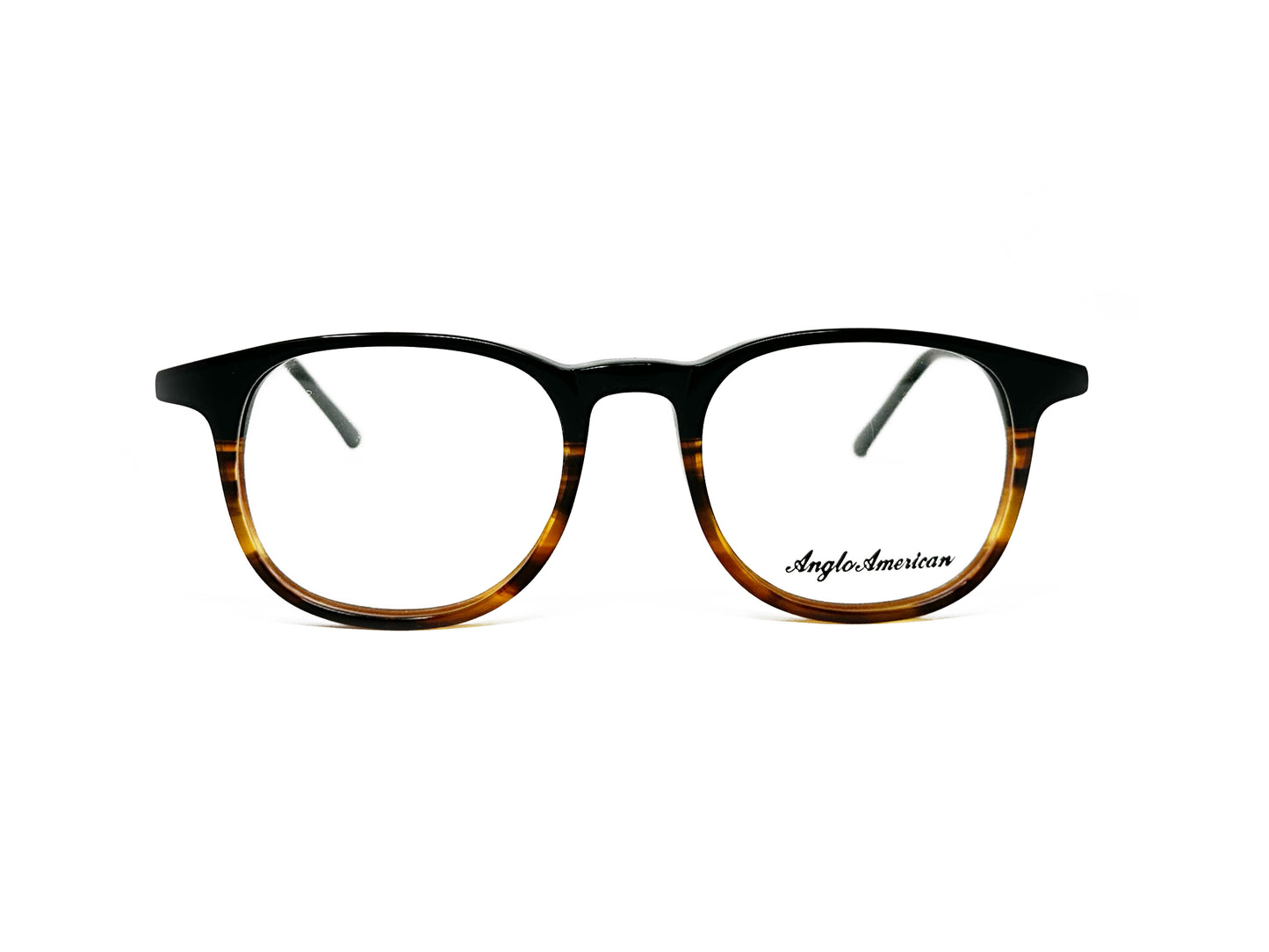 Anglo American Optical rounded-square, acetate, optical frame. Model: 402EVO. Color: BBTT - Black with tortoise-striped bottom. Front view. 