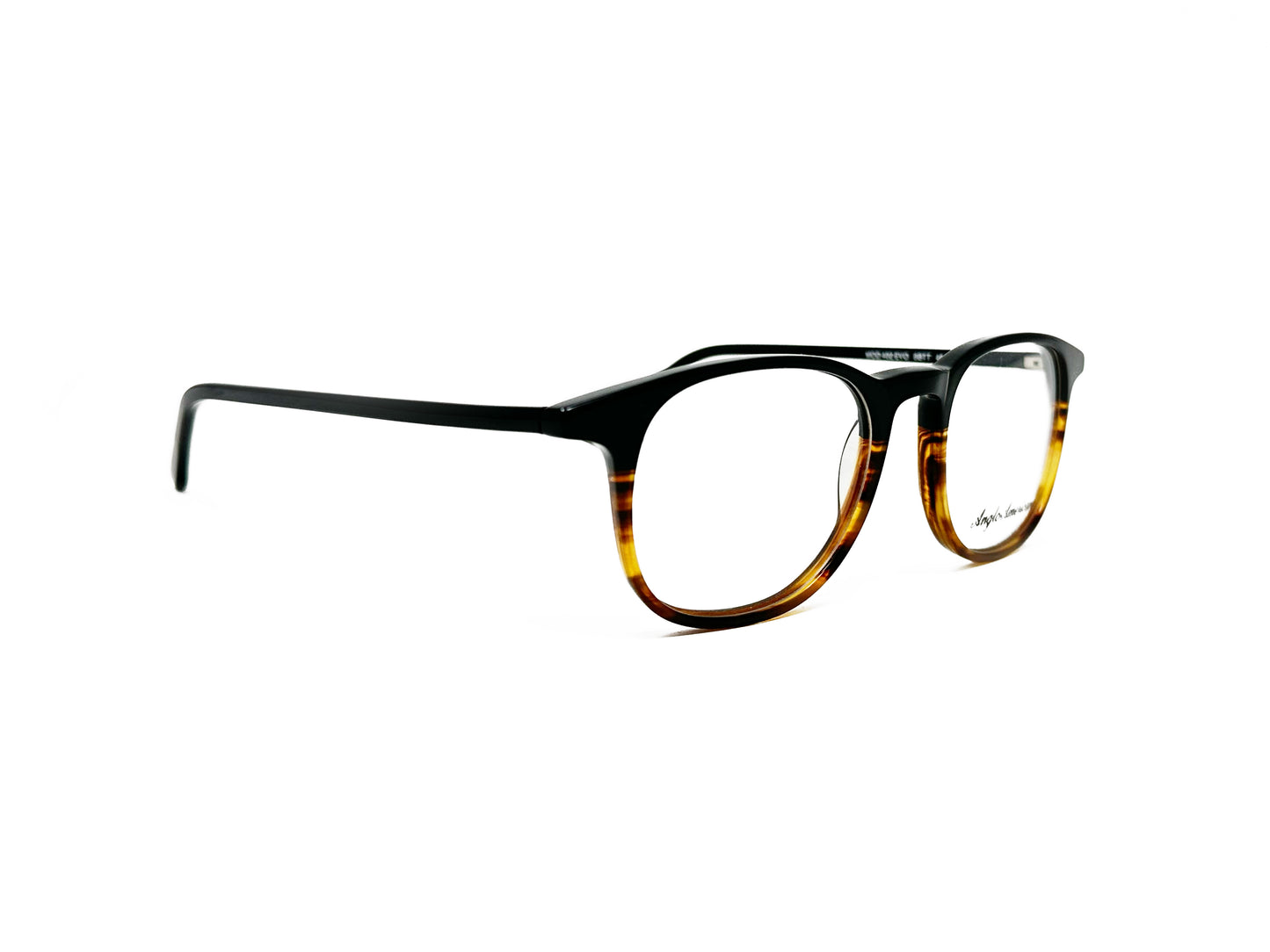 Anglo American Optical rounded-square, acetate, optical frame. Model: 402EVO. Color: BBTT - Black with tortoise-striped bottom. Side view.