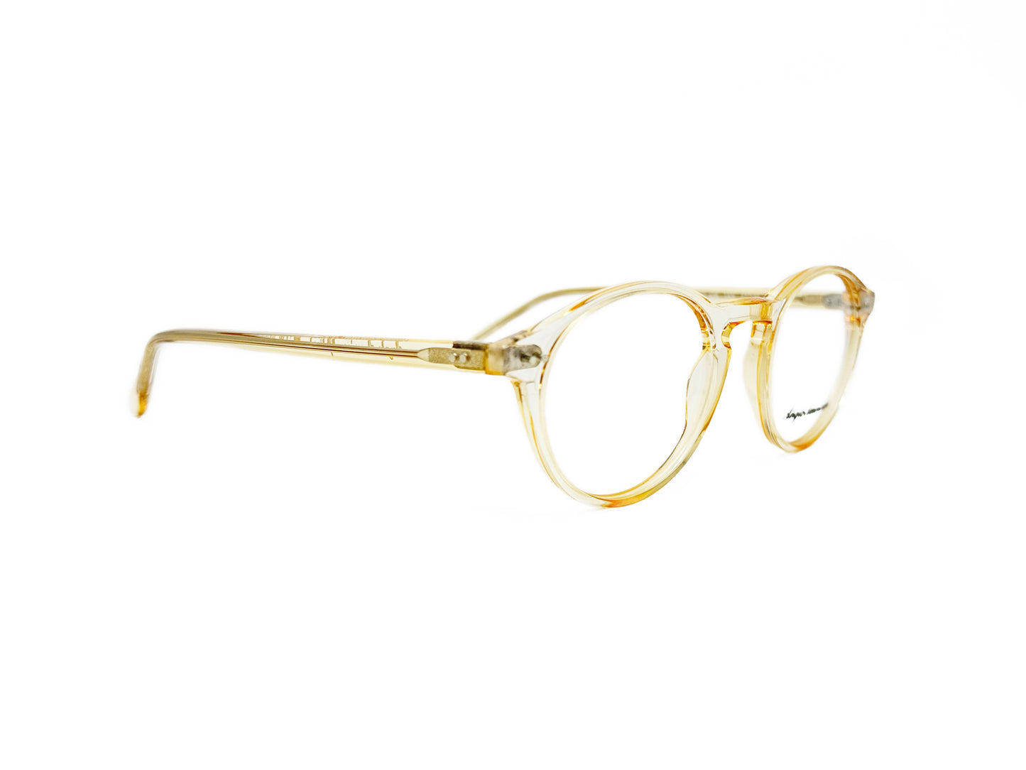 Anglo American Optical round acetate frame. Model: 406. Color: TAN - Transparent tan. Side view.