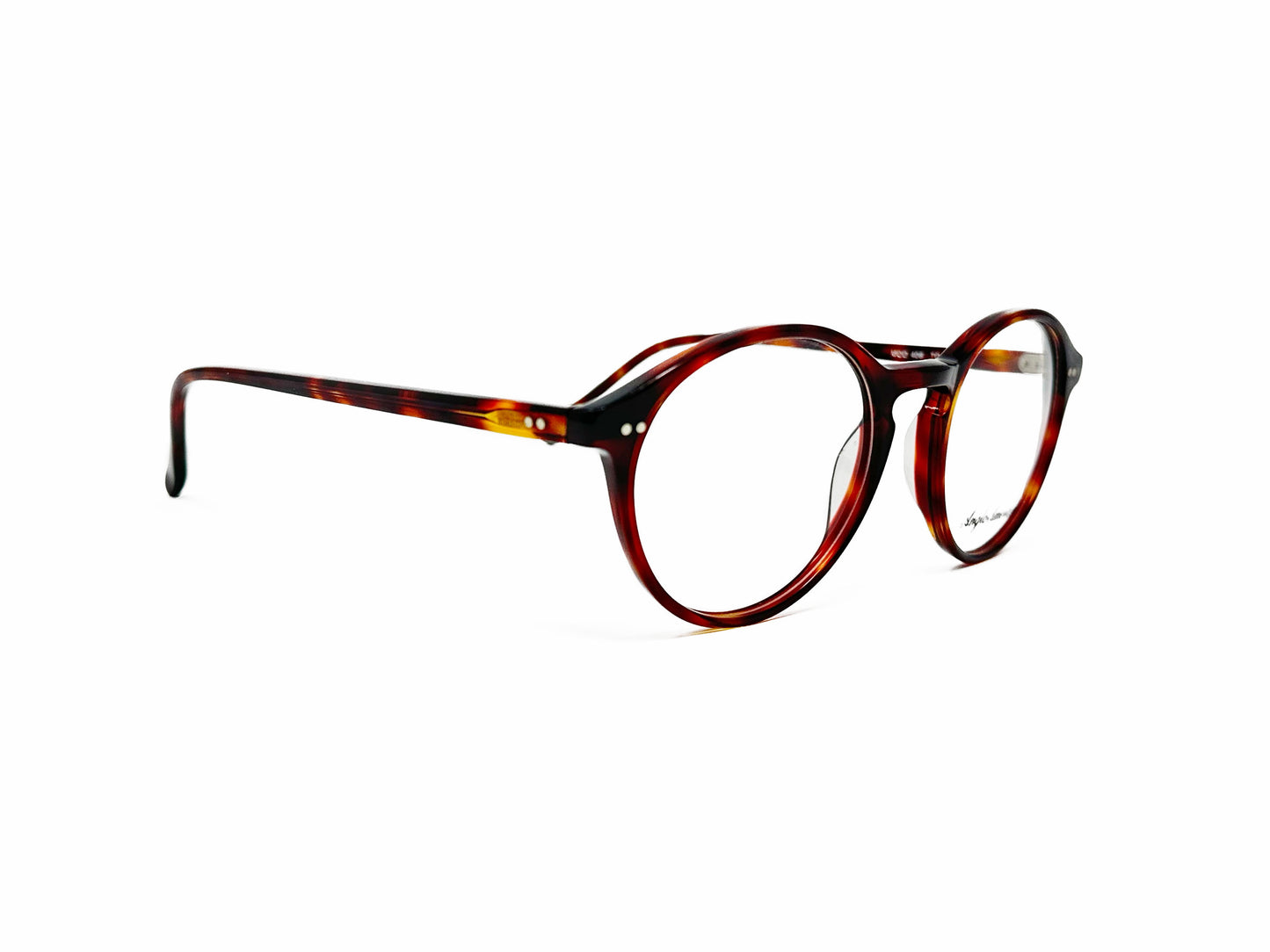 Anglo American Optical round acetate frame. Model: 406. Color: TO tortoise. Side view.
