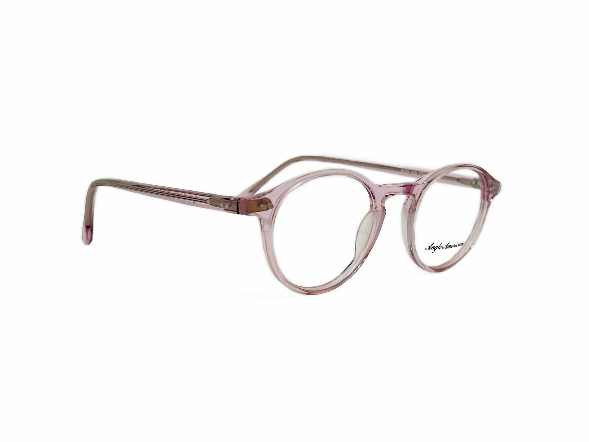 Anglo American Optical Frame. Model: 406. Color: TR21 Transparent pink. Side View.