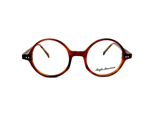 Anglo American Optical round acetate optical frame with angled corners below nose bridge. Model: Angled Round. Color: Tort - Brown tortoise. Front view. 