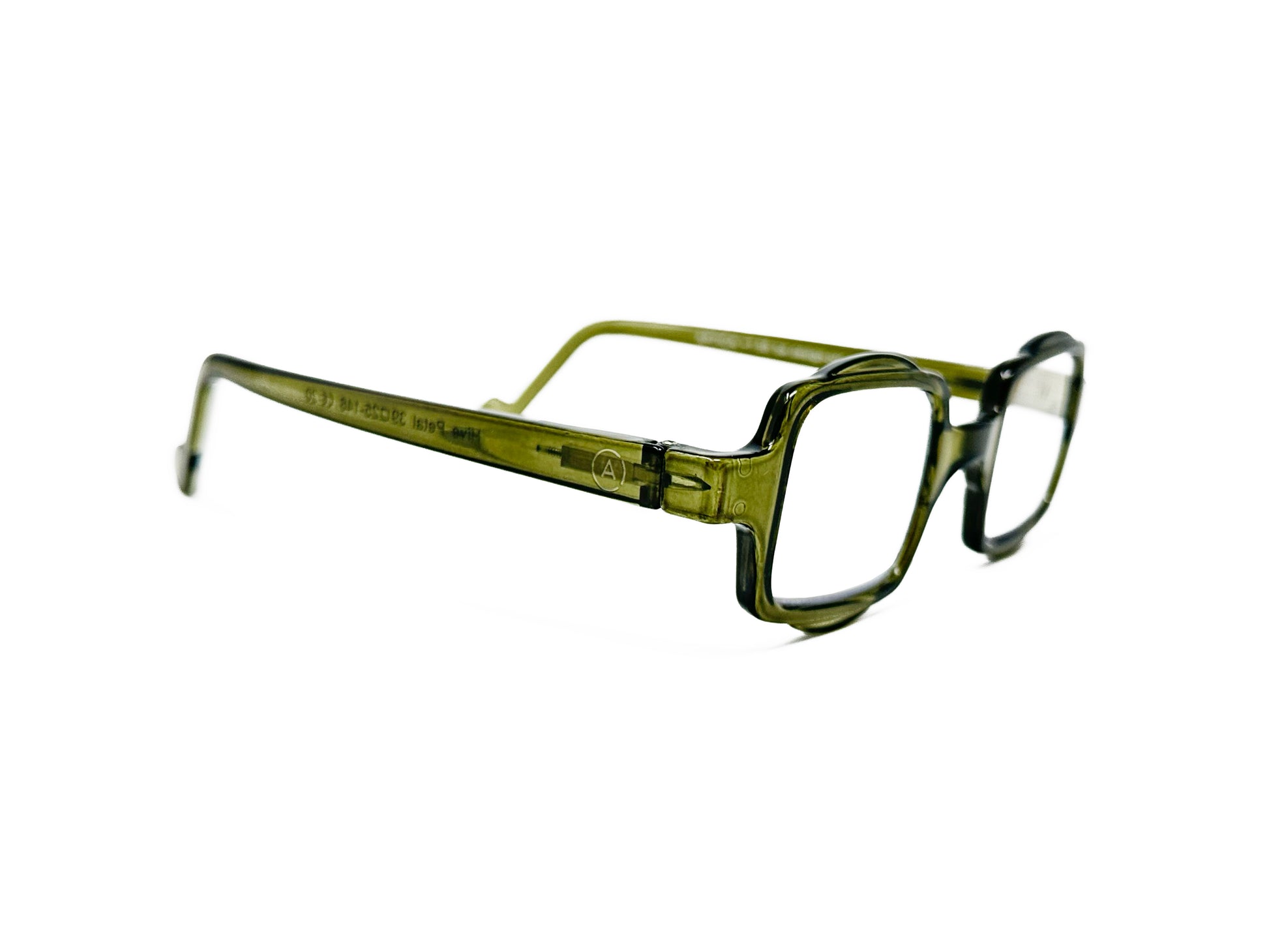 Aptica square reading glass with half-circle shape on top and bottom . Model: Hive. Color: Army Green - Semi-transparent. Side view.