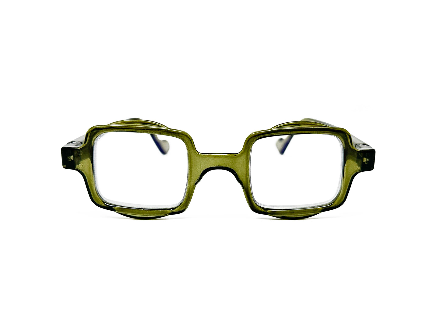 Aptica square reading glass with half-circle shape on top and bottom . Model: Hive. Color: Army Green - Semi-transparent. Front view. 