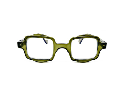 Aptica square reading glass with half-circle shape on top and bottom . Model: Hive. Color: Army Green - Semi-transparent. Front view. 