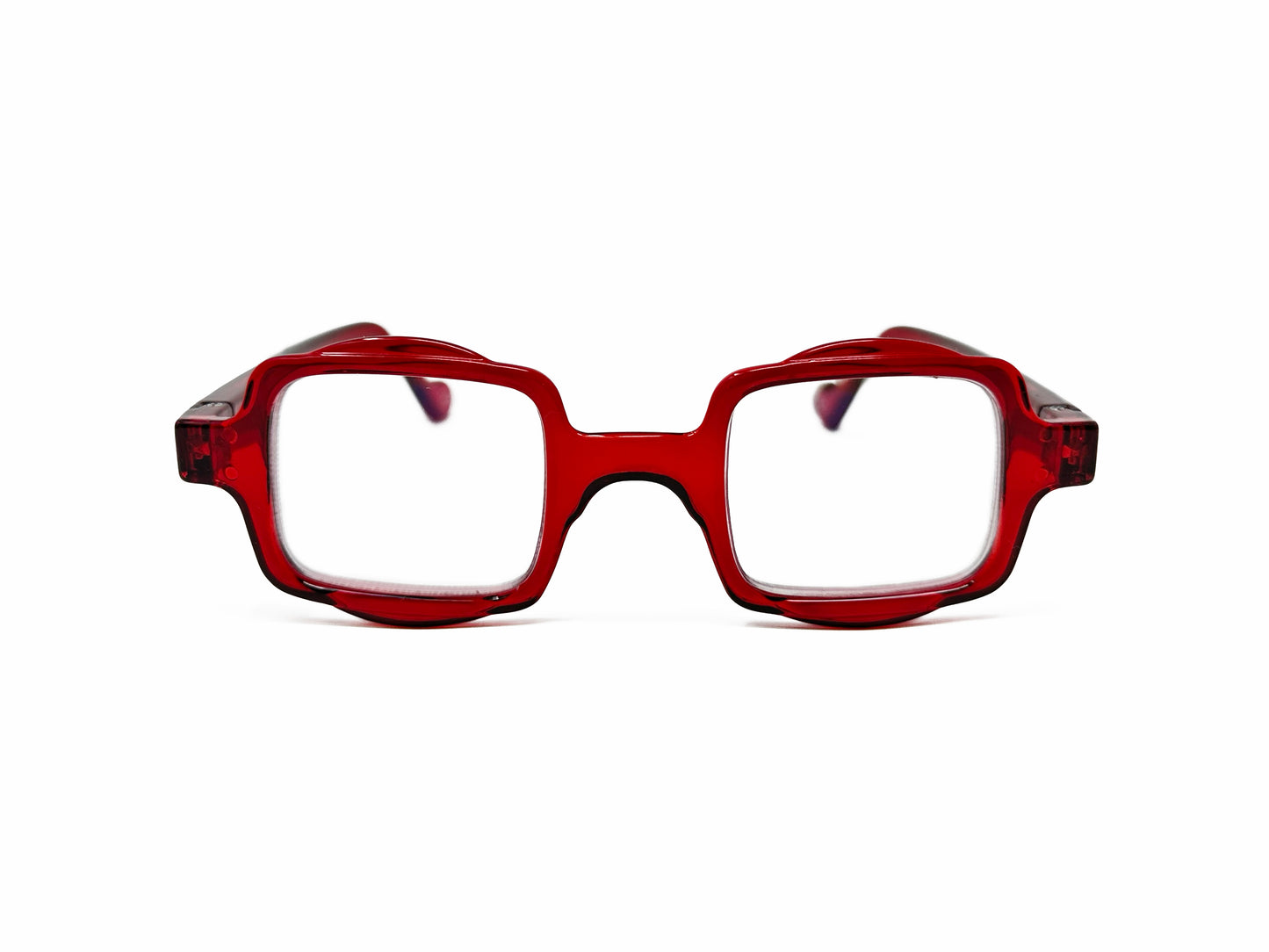 Aptica square reading glass with half-circle shape on top and bottom . Model: Hive. Color: Royal Red - Semi-transparent. Front view.