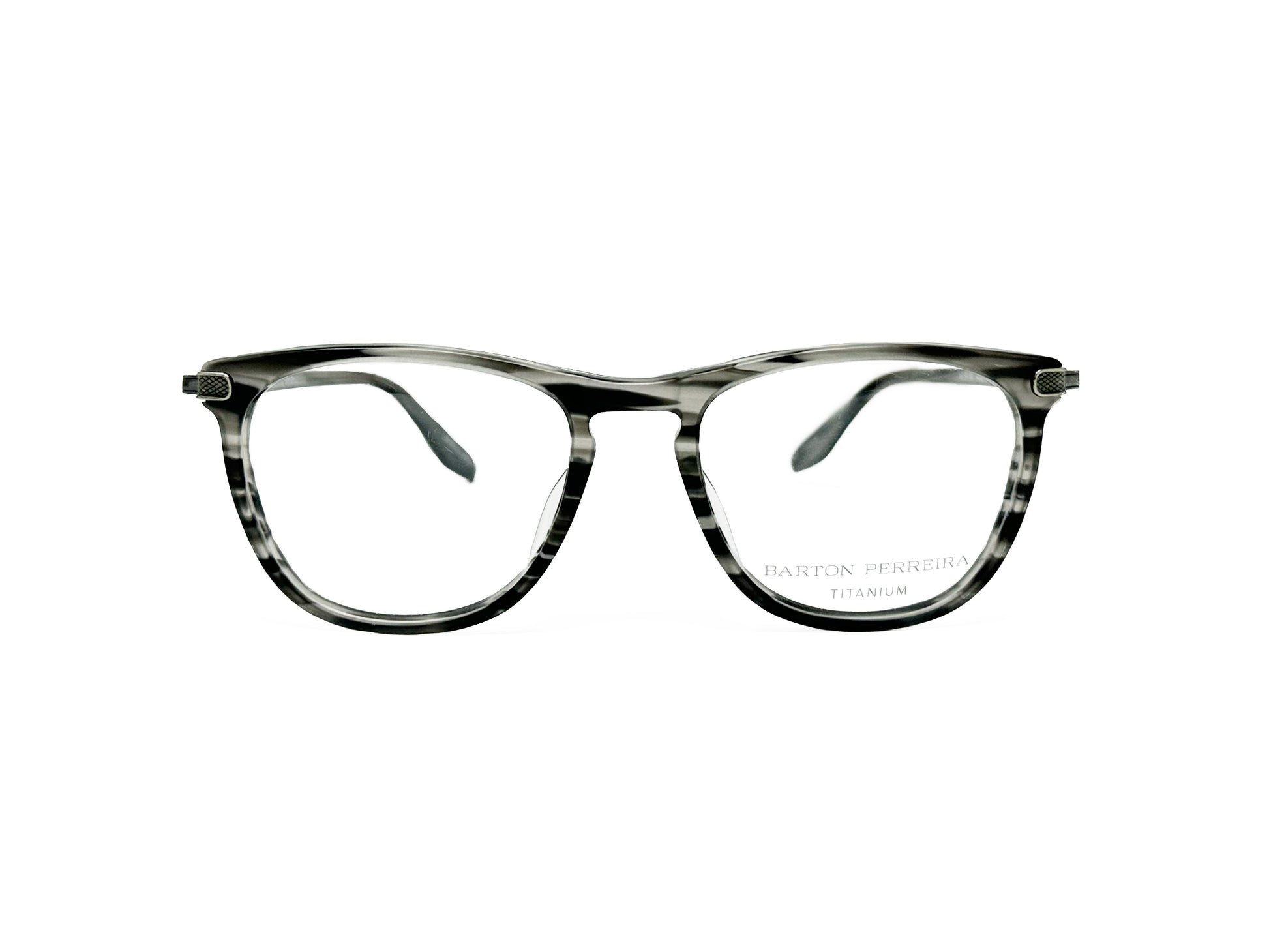 Barton Perreira square acetate optical frame. Model: Lautner. Color: MGM/PEW - Grey and black stripes. Front view. 