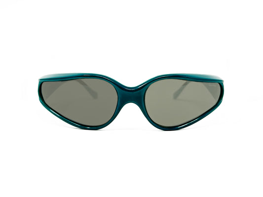 Belle sideways tear-drop shaped sunglass with acetate frame. Model: Mad Cat. Color: 731 Teal . Front view. 