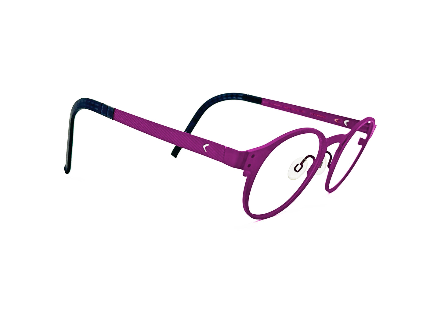 Blackfin round, metal, optical frame. Model: BF671 Clearwater. Color: 383 Fuschia. Side view.