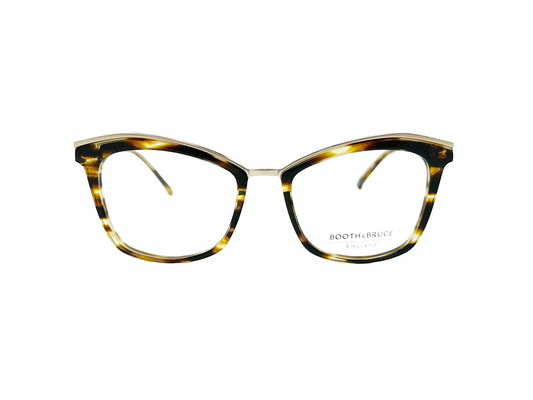 Booth & Brice acetate cat-eye optical frame with metal bridge and metal trim on top. Model: BB1812. Color: Tiger's Eye - Havana. Front view. 