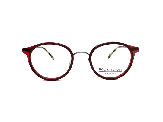 Booth & Bruce round acetate frame with metal bridge. Model: BB2002. Color: Red Hornet - Burgundy with tortoise temples. Front view. 