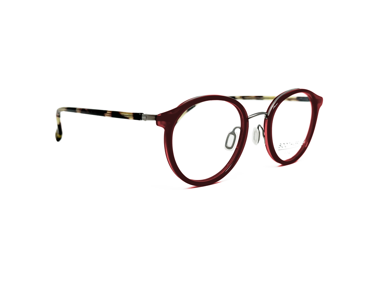 Booth & Bruce round acetate frame with metal bridge. Model: BB2002. Color: Red Hornet - Burgundy with tortoise temples. Side view.